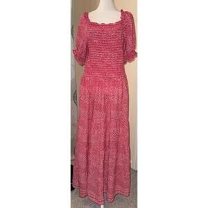 Max Studio Women’s Smocked Puff Sleeve Tiered Maxi  Dress Pink Butterfly Sz XL